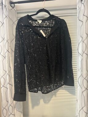 J. Crew Black Lace Button-Up Blouse xl